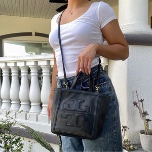 Black Leather Tory Burch Crossbody Double Handle Bag